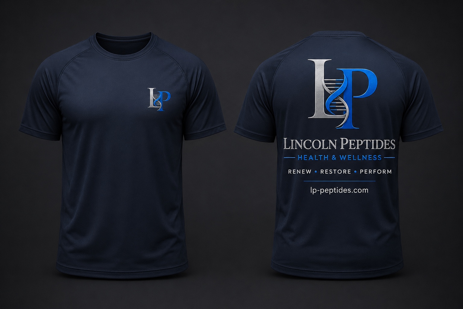 Front and back of the navy Lincoln Peptides performance T-shirt